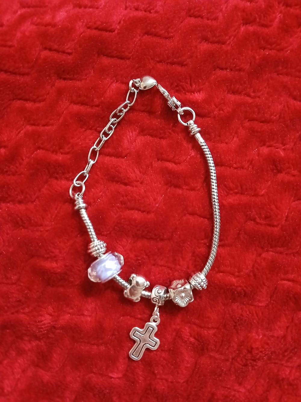 Silver Cross Charm Bracelet - Silver Beads and Lilac Accent